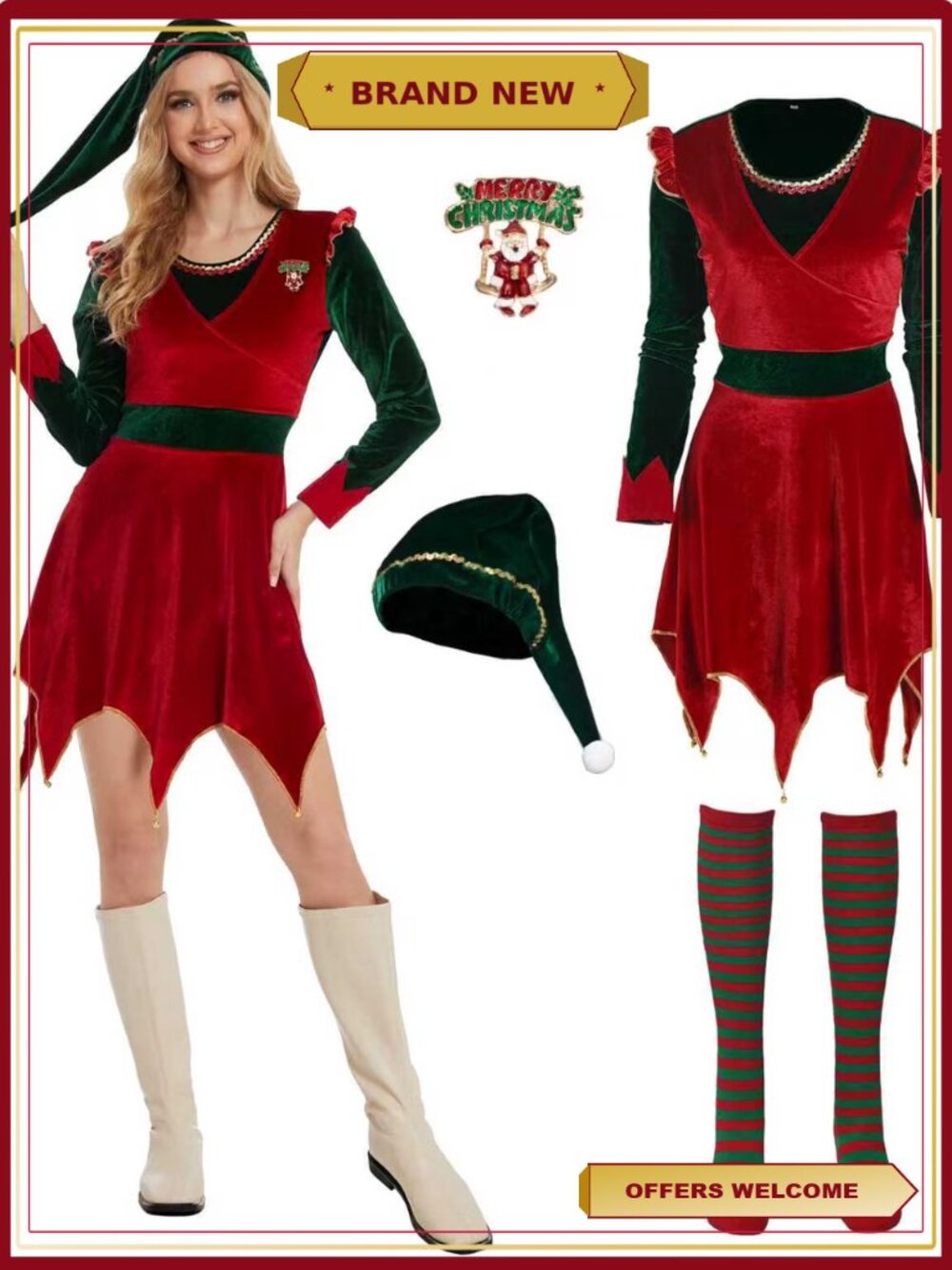 Women's Elf Costume Dress Set 4pc Holiday Xmas Outfit Party S